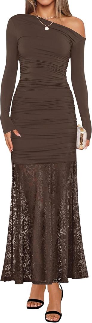 ZESICA Women's Long Sleeve Off Shoulder Bodycon Dresses Fall 2026 Ruched Lace Wedding Guest Cocktail Formal Maxi Dress (Brown, L)
