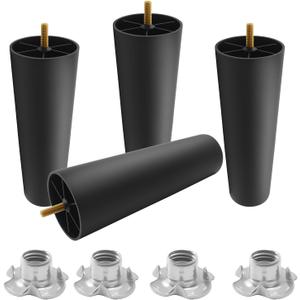 BokWin 4 Pack 8 Inch Plastic Furniture Legs - Round Tapered Table & Sofa Legs with M8 Hanger Bolts, Replacement for Couch, Dresser, Cabinet, Chair, Bed, Coffee Table (Black)