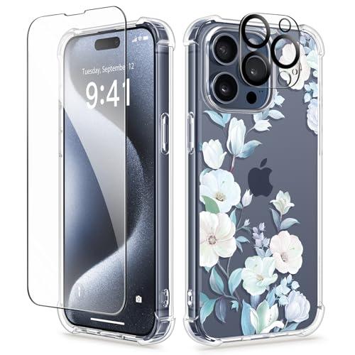 GVIEWIN for iPhone 15 Pro Case, [3 in 1] with Screen Protector & Camera Lens Protector, Clear Hard Shockproof Slim Fit Floral Phone Cover for Women Girls 2023 6.1" (Hibiscus), Pack 2