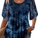 onlypuff Womens Double Layered Tunic Tops Half Sleeve Floral Double Layered Sheer Flowy Blouse Round/V Neck Casual Shirts (Red, L)