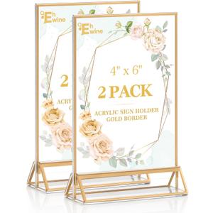 EHWINE 2 Pack Acrylic Sign Holder 4 x 6, Double Sided Gold Picture Frame Stand up Table Top Sign Holders, Clear Display Stand Menu Flyer Holder for Wedding Party