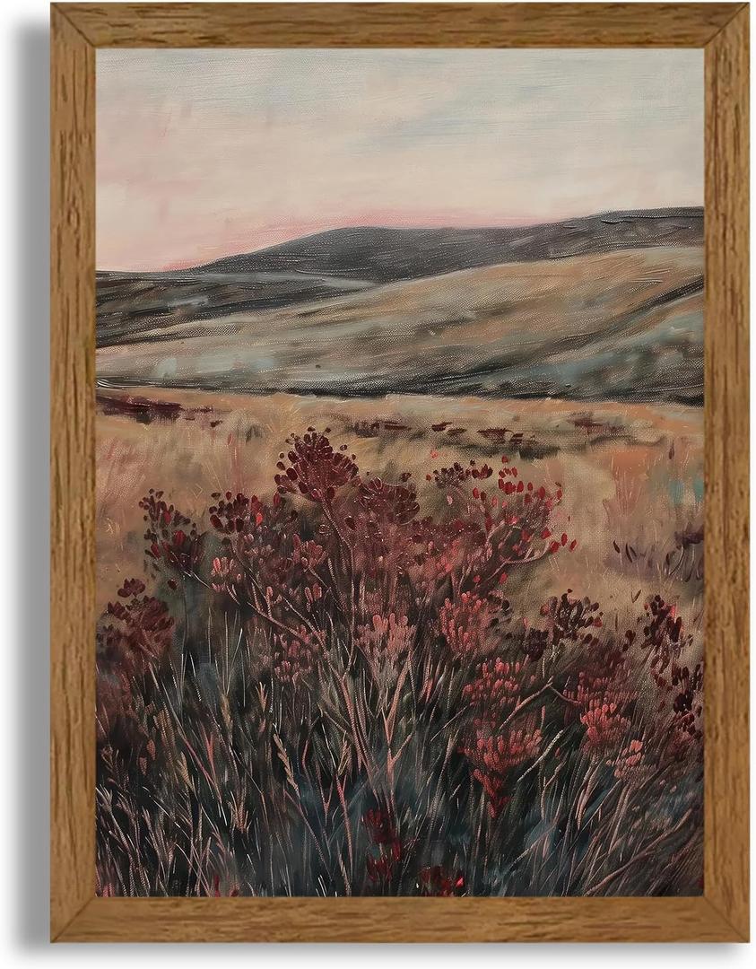 JLTULT Framed Vintage Landscape Canvas Wall Art, Maroon Flower Scenery Paintings Wall Decor, Maroon Dark Wildflower Picture Art Prints for Living Room Bedroom Office Decoration 12x16 inch Easy to Hang