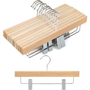 TOPIA HANGER 11.8'' Unfinished/ Natural Wooden Pants Skirt Hangers for Kids Baby Toddler Children, Extra Thick Chrome Hooks & Anti-Wrinkle Premium Flat Clips 10 Pack