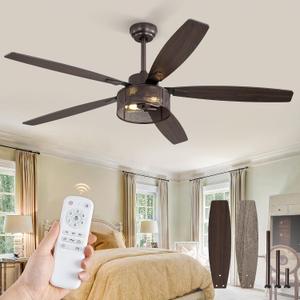 Farmhouse Ceiling Fans with Lights and Remote, 60 Inch Industrial Caged