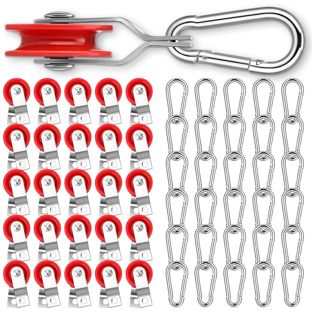 Tondiamo 30 Sets 1-3/4" Red Nylon Pulley and 1/4" Spring Hook Set, Galvanized Snap Clip Reinforced Nylon Baseball Batting Cage Cable System for Netting Baseball Batting Cages