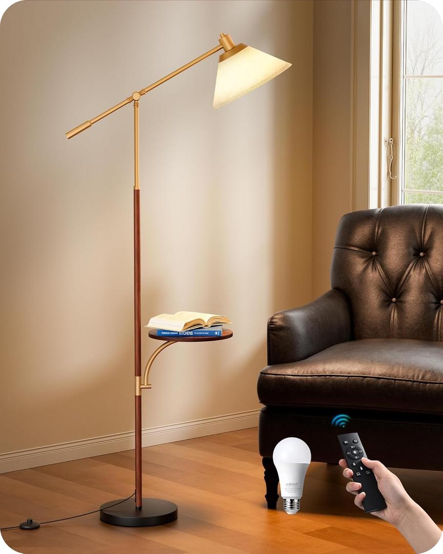 EDISHINE 68" Arc Floor Lamp with Table, Vintage Standing Lamp for Living Room with Tray, Tall Reading Lamp, Beige Shade, Adjustable Arm, Remote Dimmable Bulb Included, for Bedroom Office, Wood Grain