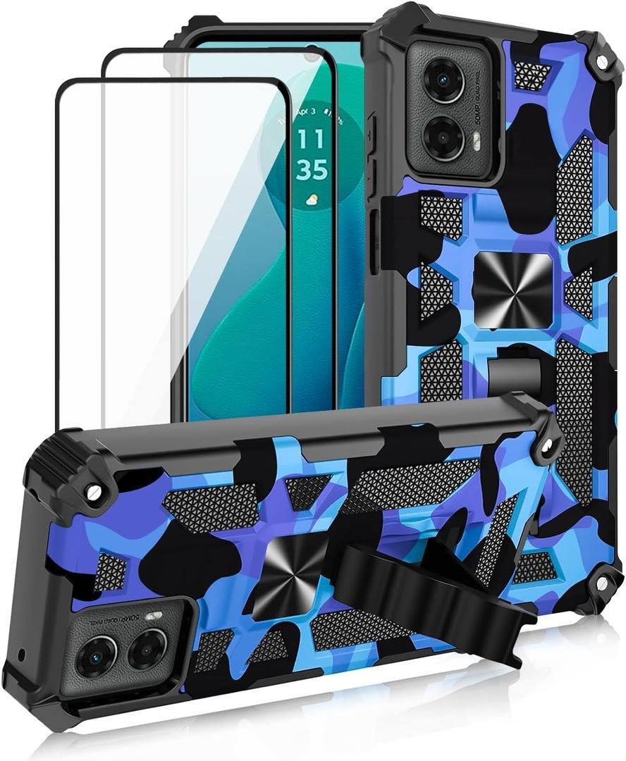 For Motorola Moto G 5G 2024 Case, with 2 Pack Tempered Glass Screen Protector, Military Grade, Kickstand with Magnetic Car Mount, Protective Phone Case for Moto G 5G 2024 Deep Blue