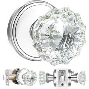 Crystal Glass Door Knobs Interior with Lock,Privacy Vintage Clear Crystal Door Knobs for Bedroom and Bathroom (Polished Chrome,1Pack)