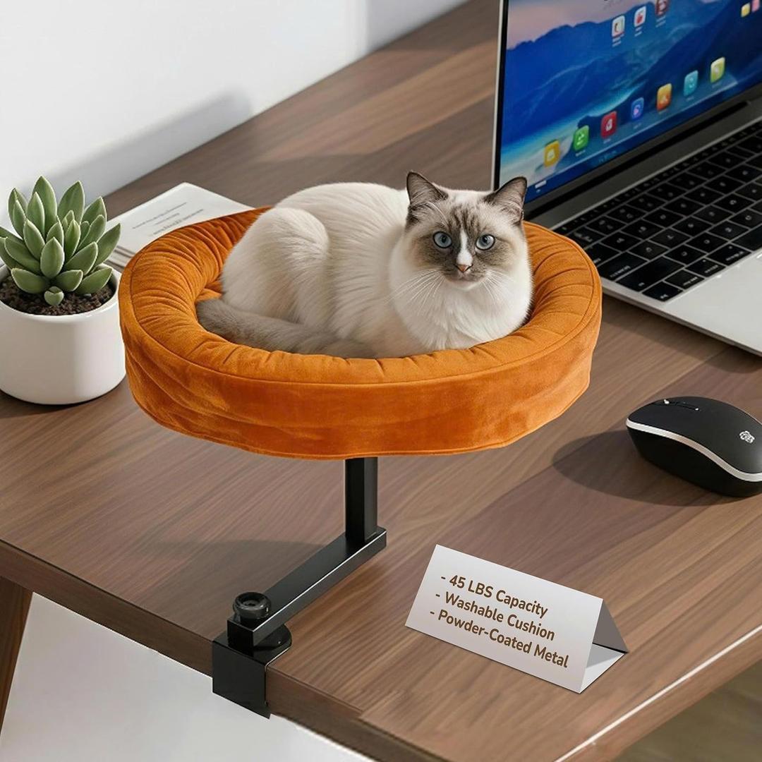 Up To 45LBS Capacity Cat Desk Bed - 360 Rotating & Adjustable Shelf, Space-Saving Pet Perch For Desks With Washable Cushion, Desk Cat Bed Attachment for Various Office & Game Tables (Brown)