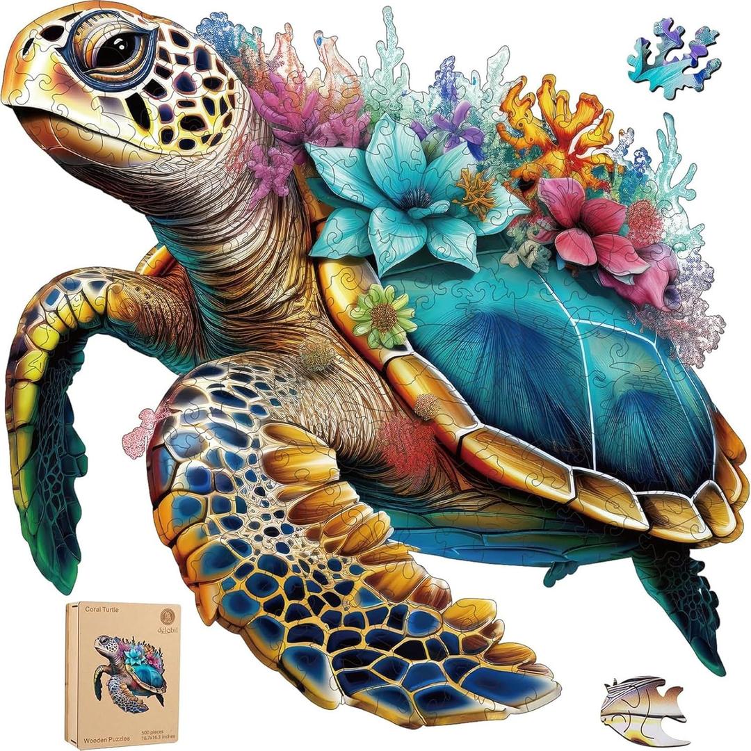Delobil Wooden Puzzles for Adults, Coral Sea Turtle Jigsaw Puzzles 500 Piece, Unique Shape Puzzles for Adults and Kids, Fun Challenging Puzzles Family Game Gift, Royal Size 16.7 x 16.3 Inches