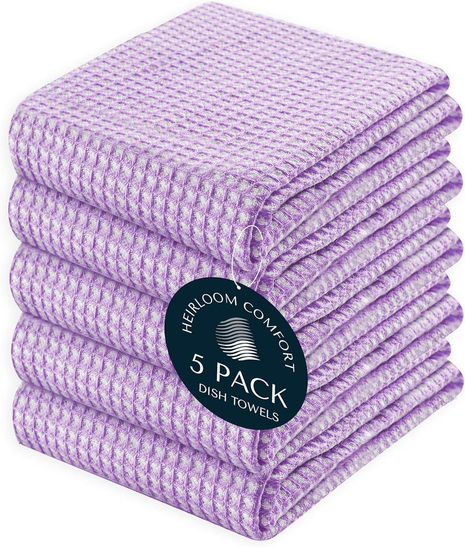 5 Pack Dual Tone Waffle Weave Kitchen Towels, 16x26 Inch, 100% Cotton, Reversible, Super Absorbent, Quick Dry, Durable Dishcloth Set, Soft Hand Towels for Cleaning, Lavender