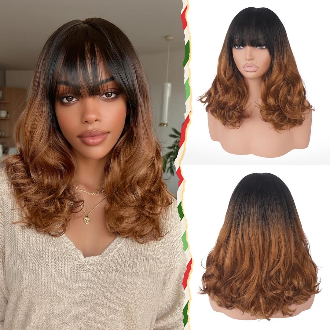 Wig with Bangs for Women | 16 Inch Layered Body Wave Synthetic Wig | Heat Resistant Yaki Fiber Natural Looking Shoulder Length Wigs | Synthetic Wig for Daily Wear - Ombre Black to Copper Brown