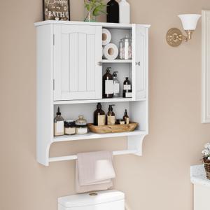 Bathroom Cabinet, White Bathroom Wall Cabinet with 2 Doors and Adjustable Shelf, Wall Mount, Towel Rack, Over The Toilet Storage Cabinet, Medicine Cabinet, 22.4"D x 7.5"W x 27.6"H