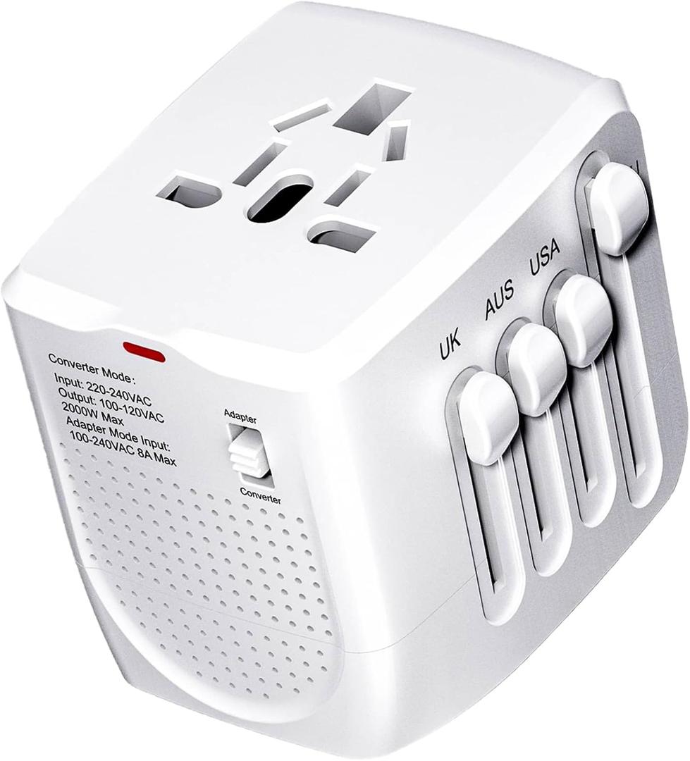 Reduces 220V to 110V for Cell Phones,Universal Travel Adapter Voltage Converter, laptops and Curling Irons, USA to UK, Europe, Australia and Over 200 Countries (White)