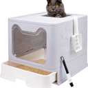 Foldable Cat Litter Box with Lid, Enclosed Potty, Large Top Entry Anti-Splashing Toilet, Easy to Clean Including Litter Scoop and 2-in-1 Cleaning Brush (Grey)