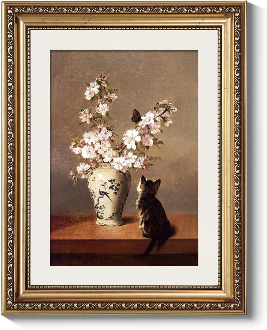 ARPEOTCY Gold Framed Floral Wall Art, Living Room Bedroom Cat Butterfly Pictures Wall Decor, Farmhouse Retro Decor, Canvas Prints, Antique Picture Frame Vintage Rustic Paintings,11x14 Inch