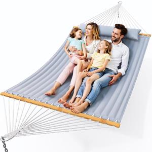 Everyfun Double Hammock with Spreader Bar, Soft Pillow, Max Load 500lbs, Portable Hammock for Outdoor, Camping, and Backyard, Dark Gray