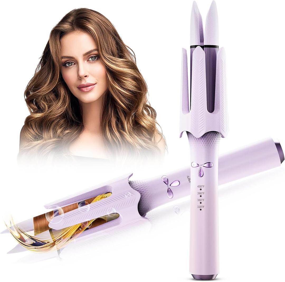 Auto Rotating Hair Curler - 4 Temperature and Timer Settings, Automatic Curling Iron with Automatic Shut-Off, Anti-Tangle and Scalding, Curling Wand for Long Lasting Curls (Purple)