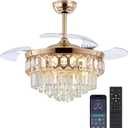 Asyko 48" Golden Crystal Chandelier Ceiling Fans with Lights, Modern Retractable Blade Ceiling Fan Light with Remote and APP, Dimmable 3 CCT and Reversible Quiet DC Motor
