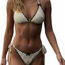 ZAFUL Women's Textured Triangle Bikini Set Contrast Trim Halter Tie Side Cheeky Two Piece Swimsuit (White)