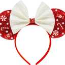 2 x Christmas Mouse Ears Headband With White Sequin Bow, Pearl, Swirl Candy Decorations, Glitter Party Costume Accessory, Theme Park Cosplay; 56HSD