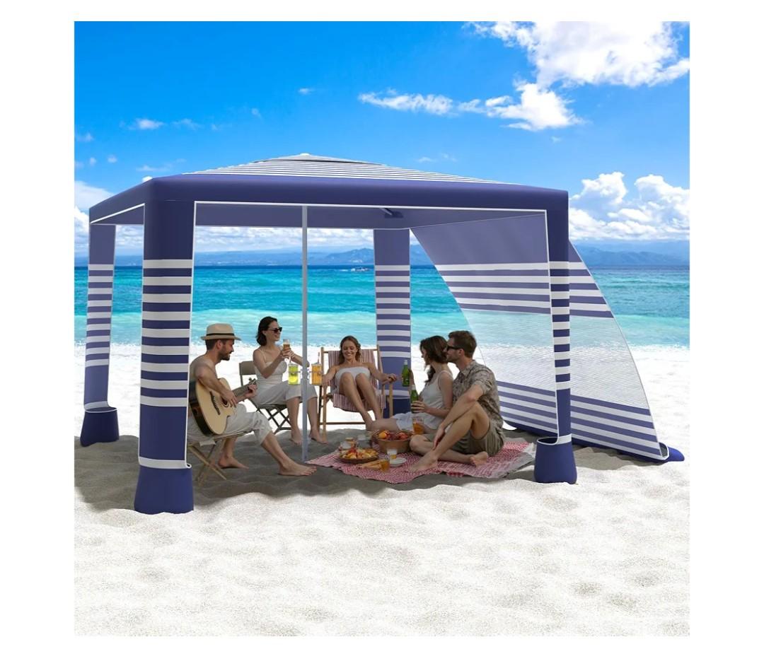 MoKo Beach Cabana, 8'×8' Large Beach Canopy with Side Wall, UPF 50+ Protection Easy Setup Beach Tent Sun Shelter, Adjustable Height Wind Resistant Cabana Beach Tent for Whole Family, Navy Stripes