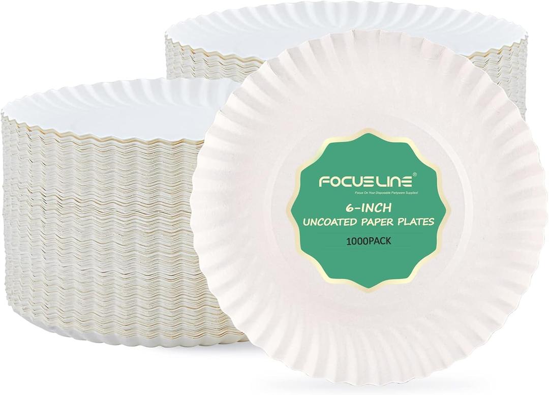 FOCUSLINE 6 Inch Paper Plates 1000 Count, White Paper Plates Uncoated, Everyday Disposable Dessert Plate 6" Small Plate Bulk 1000 Count