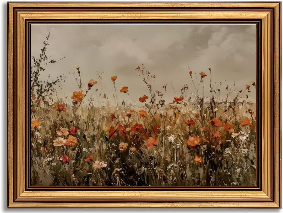 Devunaty Gold Framed Wall Art Vintage Flower Canvas Wall Art for Living Room Wildflower Field Nature Landscape Wall Decor Painting Picture Rustic Farmhouse Print Artwork Bedroom Bathroom Decor 16"x24"