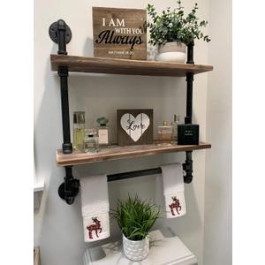 Industrial Pipe Shelf Bathroom Shelves Wall Mounted,19.6in Rustic Wood Shelf with Towel Bar,2 Tier Farmhouse Towel Rack Over Toilet,Pipe Shelving Floating Shelves Towel Holder,Retro Grey