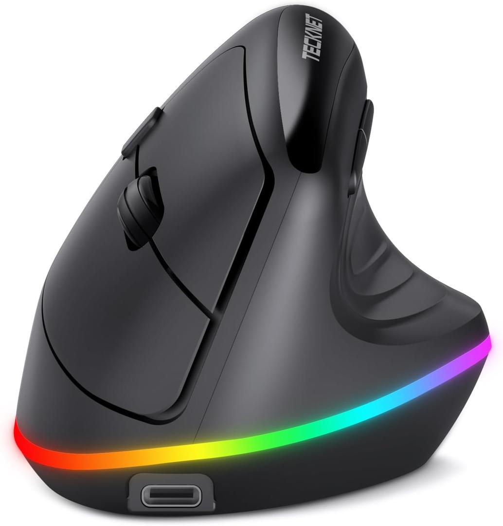 TECKNET RGB Wireless Ergonomic Mouse Rechargeable - USB+Bluetooth Multi-Device LED Vertical Mouse with 11 RGB Backlight Modes, 4800 DPI Adjustable, Ergo Mice for Windows and Mac, Black