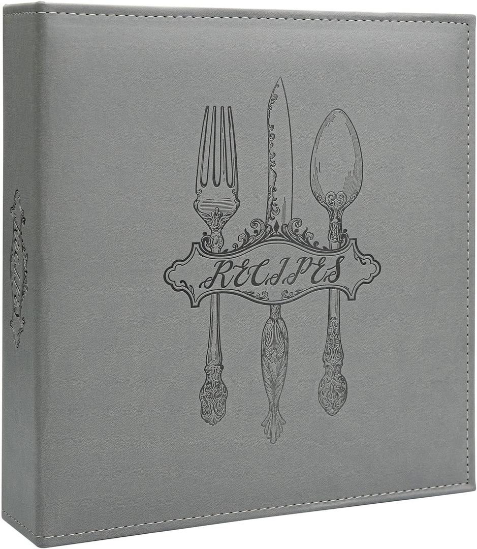 COFICE Recipe Binder  8.5x11 3 Ring Blank Family Recipe Book Binder Kit to Write in Your Own Recipes with PU Faux Leather Cover and Plastic Sleeves (Grey)