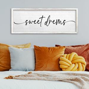 TQianJiang Sweet Dreams Wall Decor Above Bed Sign 24"X10" Master Bedroom Guest Room Sweet Dreams Signs Large Wood Framed Wall Hanging Art (White)