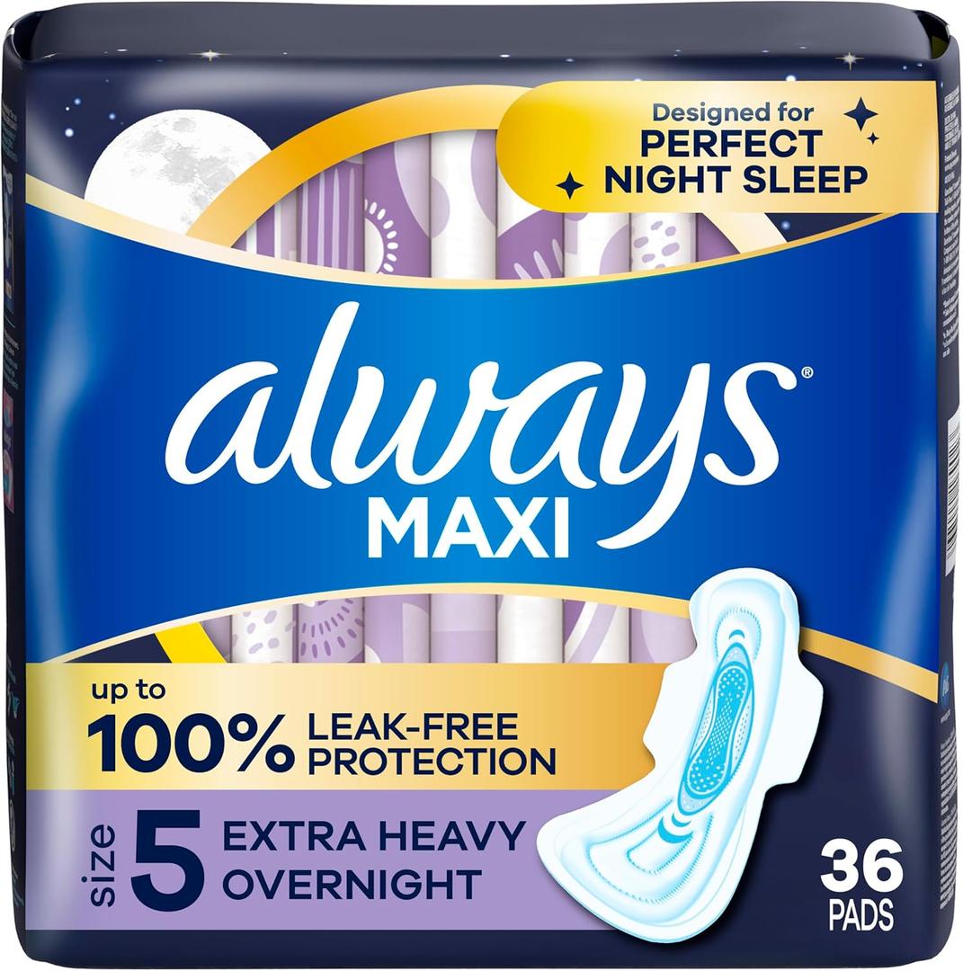 Always Maxi Overnight Pads with Wings for Women, Size 5, Extra Heavy Overnight Absorbency, Unscented, 36 Count (Packaging May Vary)