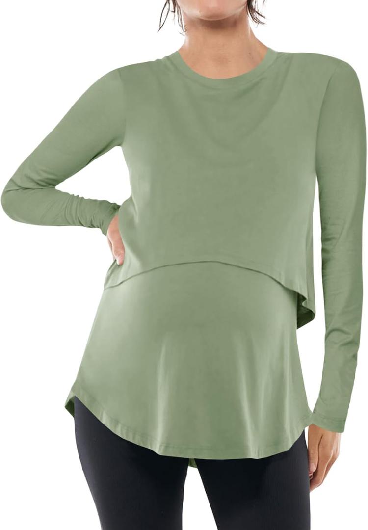 Tankaneo Womens Maternity Nursing Tops Long Sleeve Double Layer Breastfeeding Shirts Pregnancy Clothes (Green)