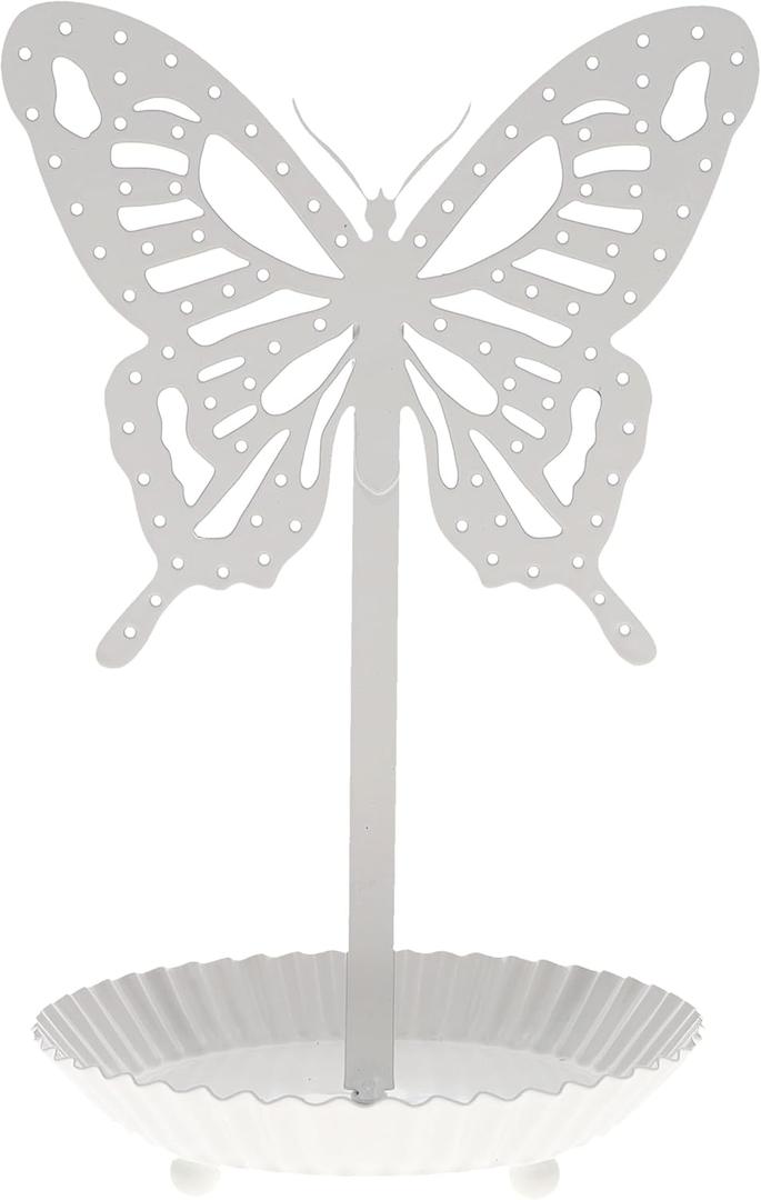 Top Brass Butterfly Earring Holder Organizer Metal Standing Jewelry Tree Display with Ring Tray (White)