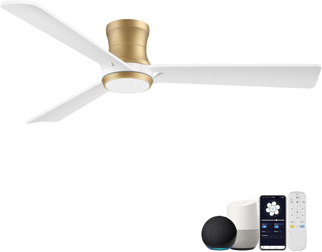 52in Wood Ceiling Fans with Lights Remote, Smart Low Profile Flush Mount Ceiling Fan Controlled via Alexa App, Quiet DC Motor for Modern Bedroom Patio Porch, 3 Blade, White and Gold, Outdoor Indoor Use