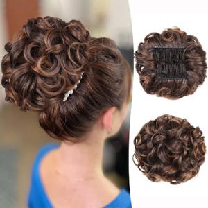 WIGER Messy Hair Bun Clip in Updo Hairpieces for Women Brown Curly Scrunchies Tousled Chignon Synthetic Short Ponytail Hair Extensions