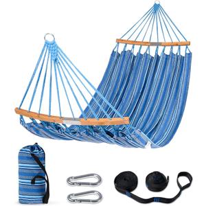 SUNCREAT Hammocks Double Hammock with Curved Spreader Bar, Outdoor Portable Hammock with Carrying Bag & Tree Straps for Bedroom, Patio, Backyard, Balcony, Max 450lbs Capacity, Blue