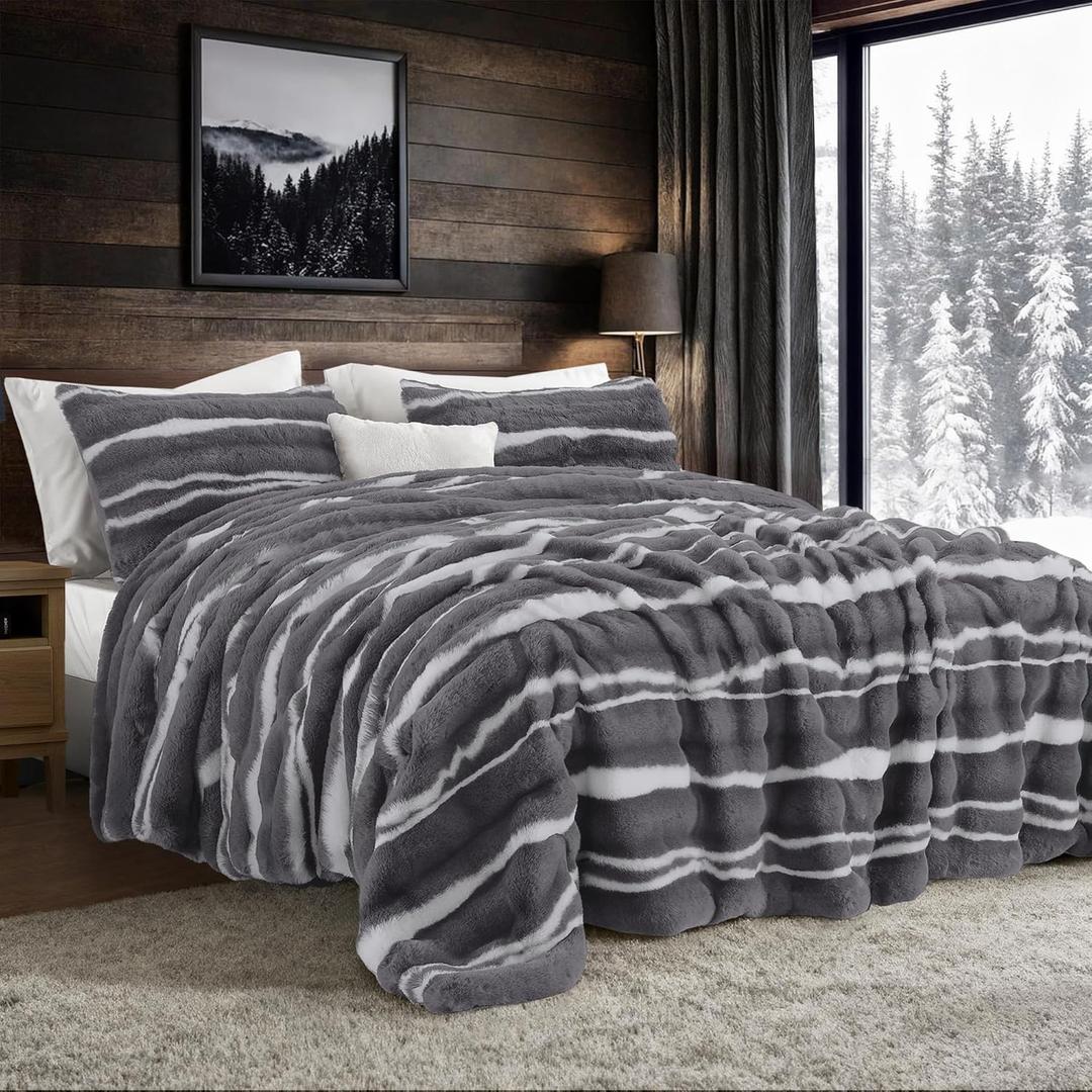 Wonderful 3 Pieces Fluffy Faux Rabbit Fur Comforter Set King Size, Dark Gray Plush Fuzzy Bedding Set, Animal Stripes Design Warm Soft Comforter Bedding Set for All Season,104"x94" (Striped-grey)