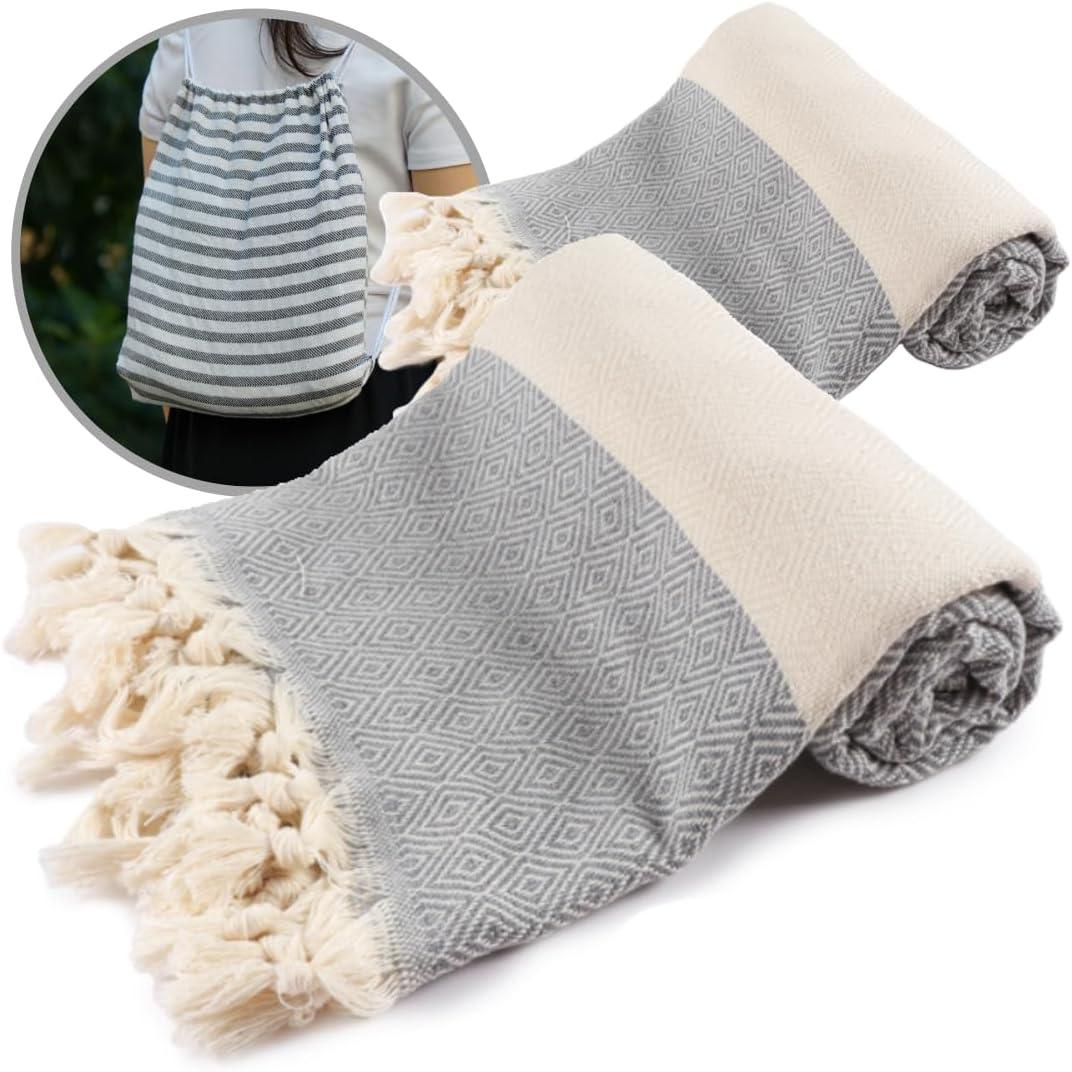Beach Daze 2 Pack Turkish Beach Towel with 2 Backpacks - Oversized - 39" x 72" Cotton Turkish Towel for Bath, Beach, Pool, Picnic Mat, Yoga - Grey