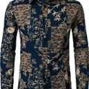Men's Cotton Linen 70s Disco Retro Traditional Pattern Printed Long Sleeve Button Down Shirt (X-Large)