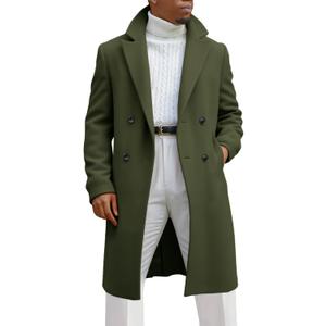 Runcati Mens Trench Coat Notched Lapel Double Breasted Mid Long Pea Coat Casual Fall Winter Classic Overcoat (X-Large, Army Green)