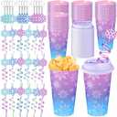 Acellegic 24 Set Snowflake Themed Party Plastic Cups 16 oz Snowflake Cups Gifts with Lids and Straws Keychains Reusable Tumbler for Winter Party Birthday Gifts