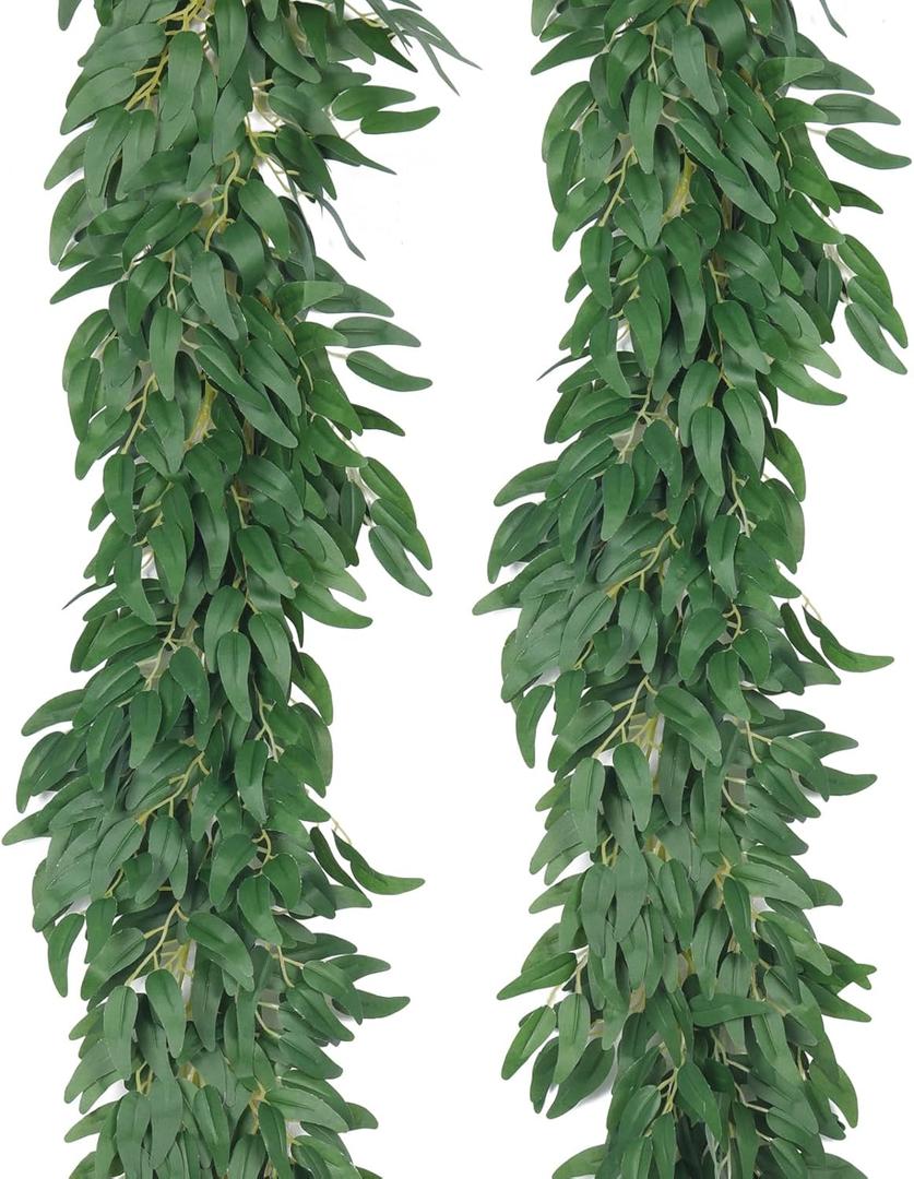 RECUTMS Artificial Willow Leaves Vine Twigs 2Pcs 6Ft Fake Hanging Plant Silk Willows Leaf Ivy Garland Faux Italian Ruscus Greenery Indoor Outdoor Wedding Arch Jungle Beach Birthday Party Garden Decor