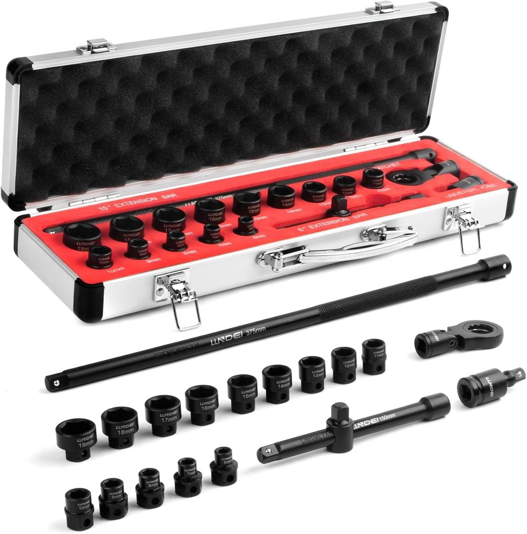 LLNDEI 3/8" Nano Sockets, Drive Stubby Impact Socket Set, 19-Piece Long Flex Head Ratcheting Wrench Set Extension Bar(6"-15"), 6-19mm Metric Stubby Socket Set, Cr-Mo material