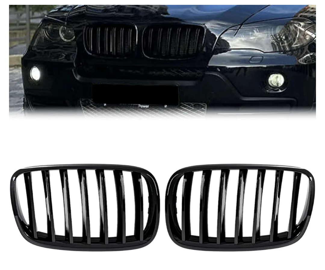 Front Grill Grille Compatible with 2007-2013 BMW X5 E70 2008-2014 BMW X6 E71,ABS Front Kidney Grille Single Slats Gloss Black Kidney Hood Bumber Grill Replacement