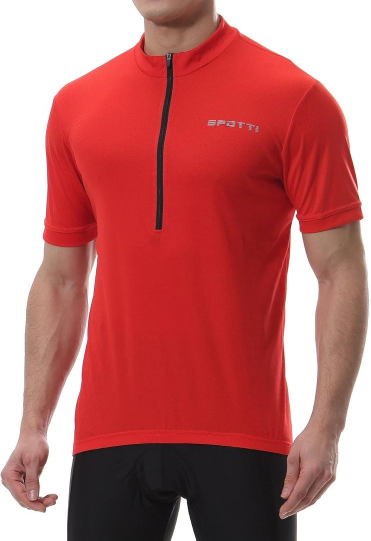 Spotti Men's Cycling Bike Jersey Short Sleeve with 3 Rear Pockets- Moisture Wicking, Breathable, Quick Dry Biking Shirt (Red, S)