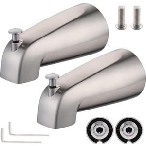 Bathroom Tub Spout Plastic Non-Metallic Fits 4 Inch Reach Wall Front Mount, Slip-on Tub Spout with 1/2'' Copper Water Tube with Hex Wrench, Brushed Nickel (2 Pack)