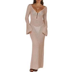 ANRABESS Women Swimsuit Swim Crochet Cover Up Knit Bathing Suit Swimwear 2025 Summer Bodycon Beach Dress Vacation Clothes (Medium, Khaki)