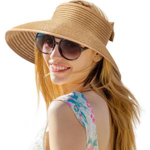 Beach Sun Hats for Women, Wide Brim Visor Hats of Paper Straw, Adjustable, Packable Ponytail Hats Floppy, for Beach Fishing Gardening Golf Hiking, Khaki (Beige)